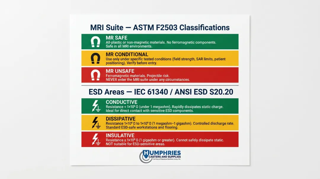 MRI and ESD caster compliance classifications ASTM F2503 IEC 61340 comparison chart