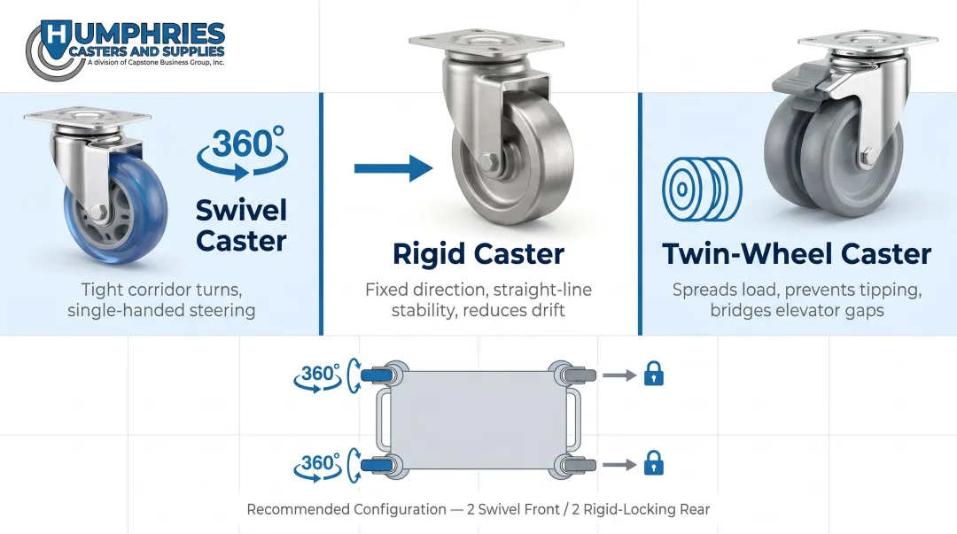 Three medical cart caster types swivel rigid and twin-wheel comparison infographic