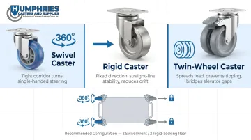 Three medical cart caster types swivel rigid and twin-wheel comparison infographic