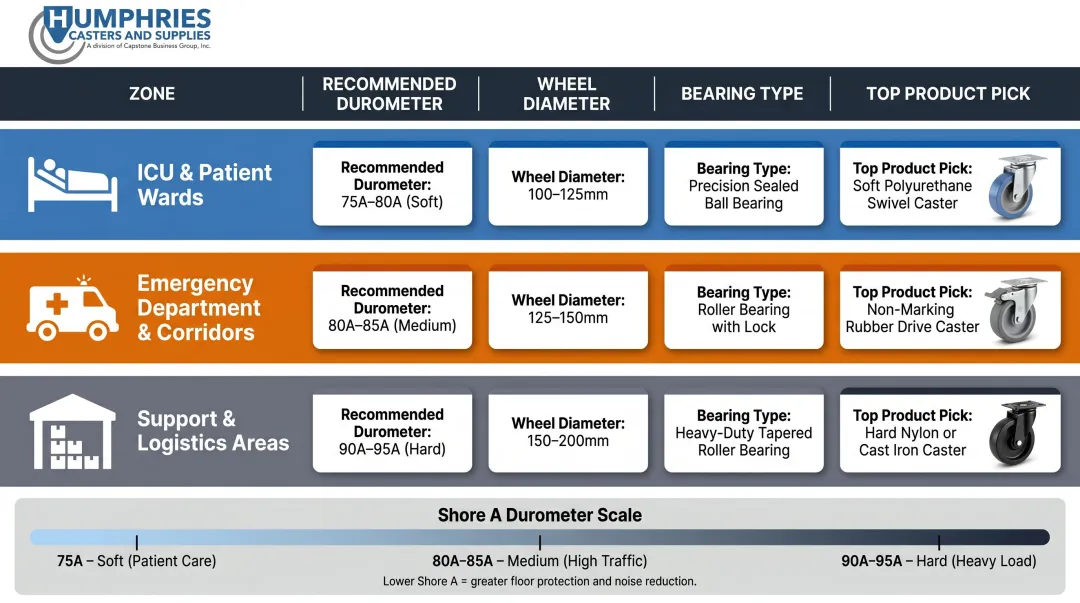 Hospital zone caster specification guide from ICU to support areas comparison chart