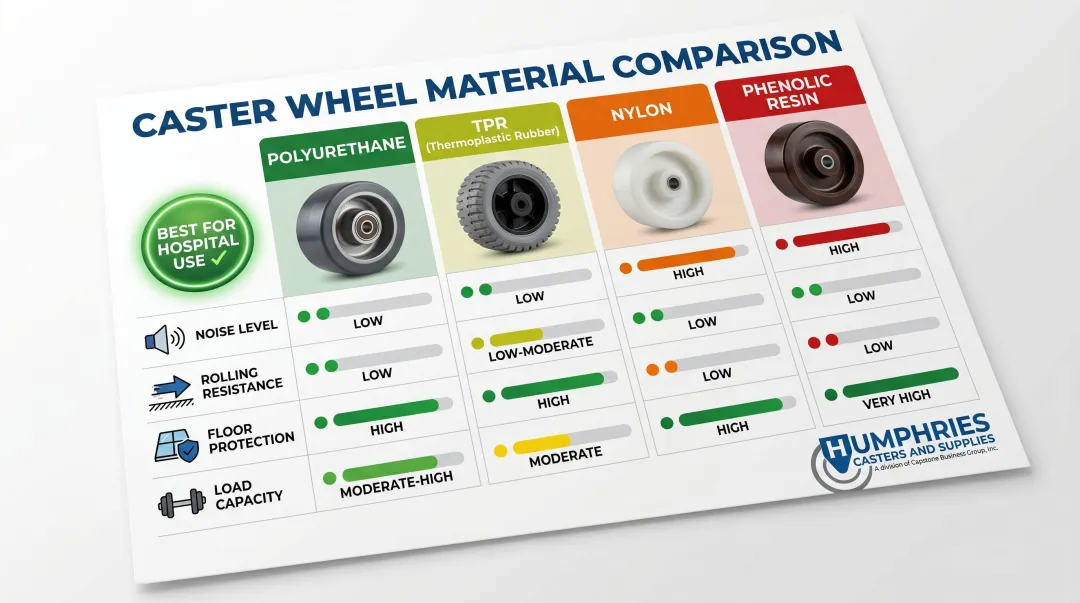 Hospital caster wheel material noise and floor protection comparison infographic