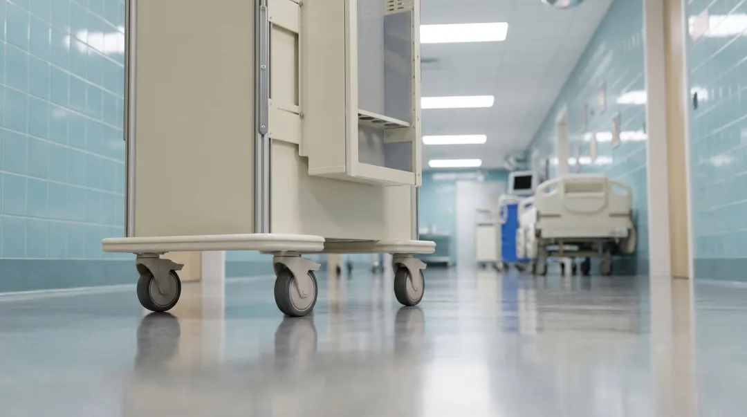 Heavy-duty hospital cart with polyurethane casters in clinical corridor setting