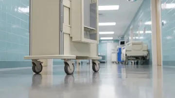 Heavy-duty hospital cart with polyurethane casters in clinical corridor setting
