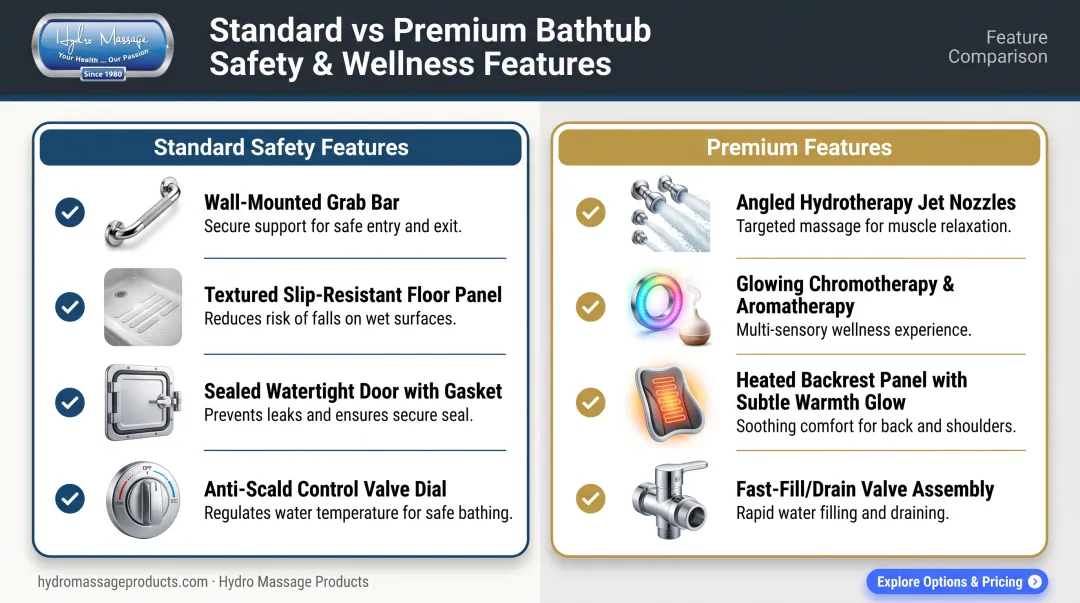 Walk-in bath standard versus premium safety features comparison chart