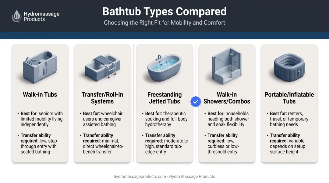Comparison chart of five wheelchair accessible bathtub and shower types
