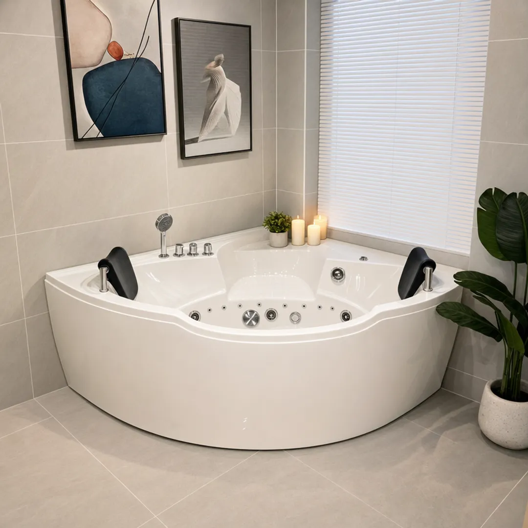 Freestanding jetted therapeutic bathtub with hydrotherapy jets in bathroom