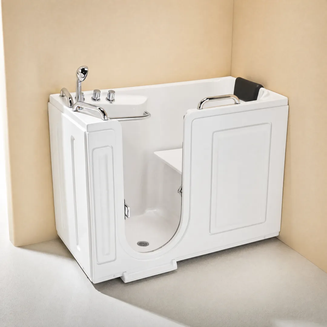 Modern walk-in bathtub with low threshold and built-in safety seat