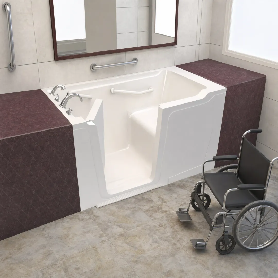 Wheelchair-accessible walk-in bathtub with wide door and safety grab bars
