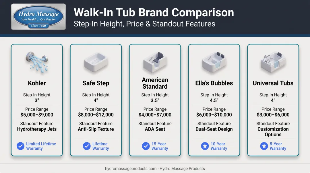 Comparison of top 5 walk-in tub brands step-in height and pricing