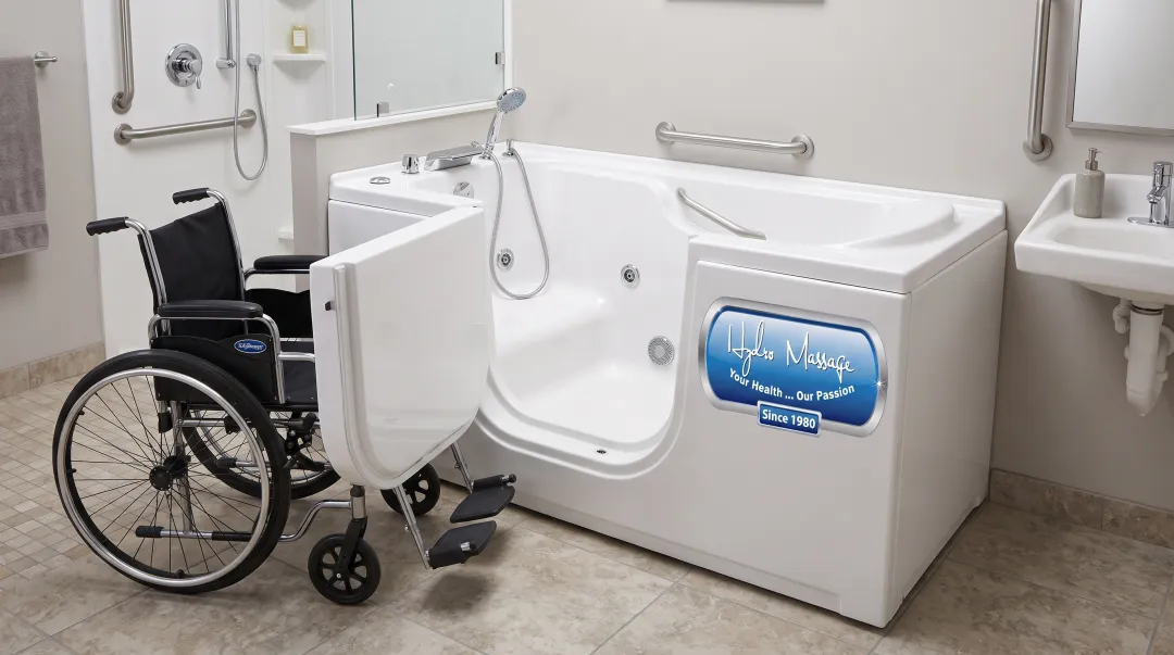 Wheelchair-accessible slide-in walk-in tub with wide transfer door