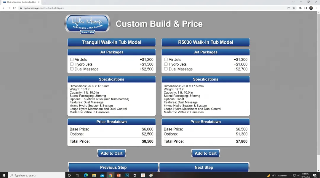Custom Build and Price tool showing Tranquil tub model pricing