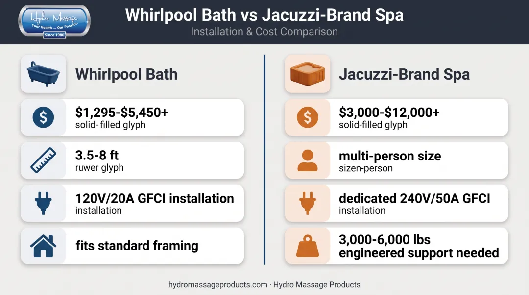 Whirlpool bath versus Jacuzzi spa cost size and installation comparison chart