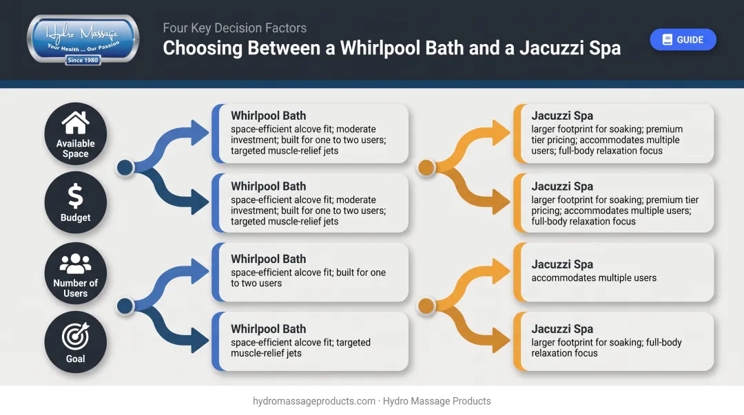 Four decision factors for choosing whirlpool bath versus Jacuzzi spa