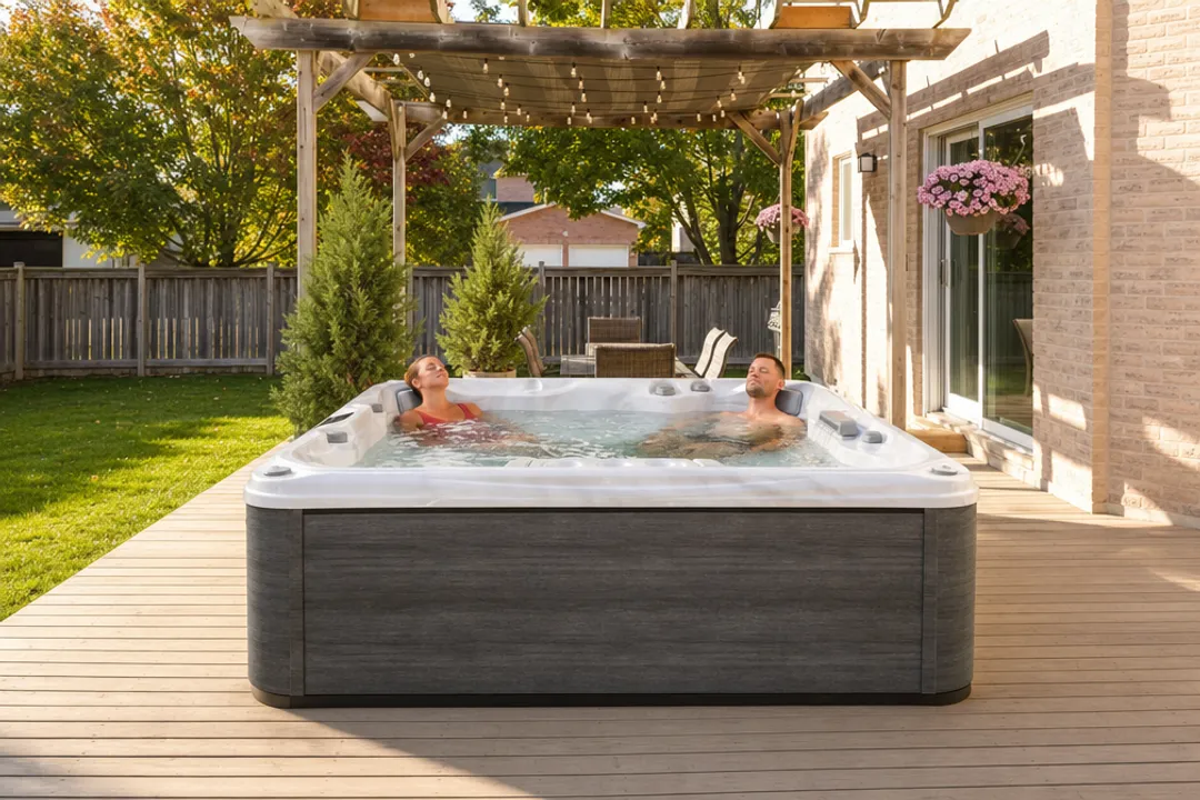 Outdoor multi-person hot tub installed on reinforced backyard deck