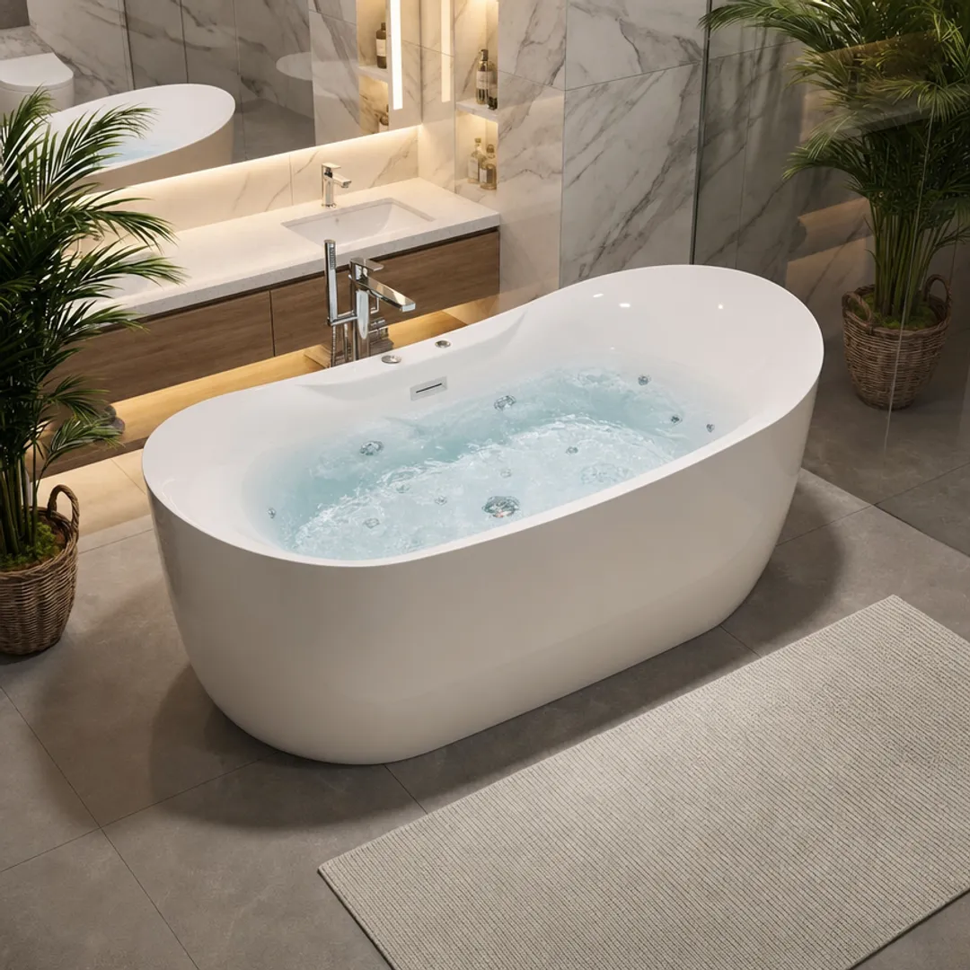 Freestanding jetted whirlpool bathtub installed in modern bathroom setting