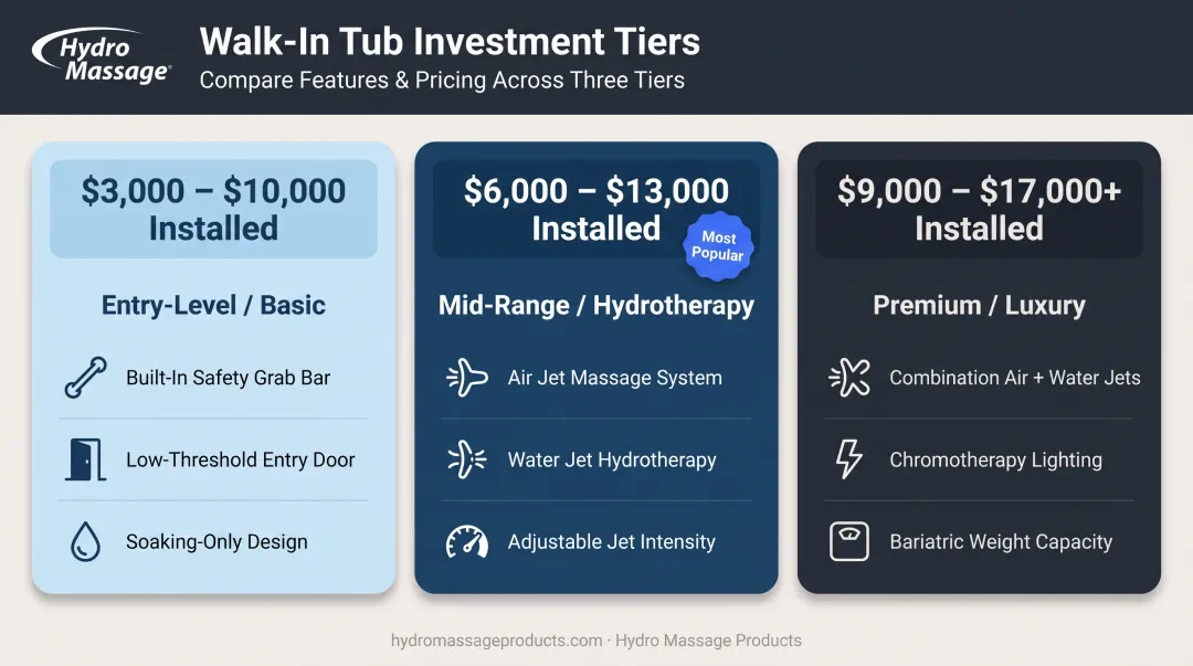 Three-tier walk-in tub cost comparison entry-level hydrotherapy and premium