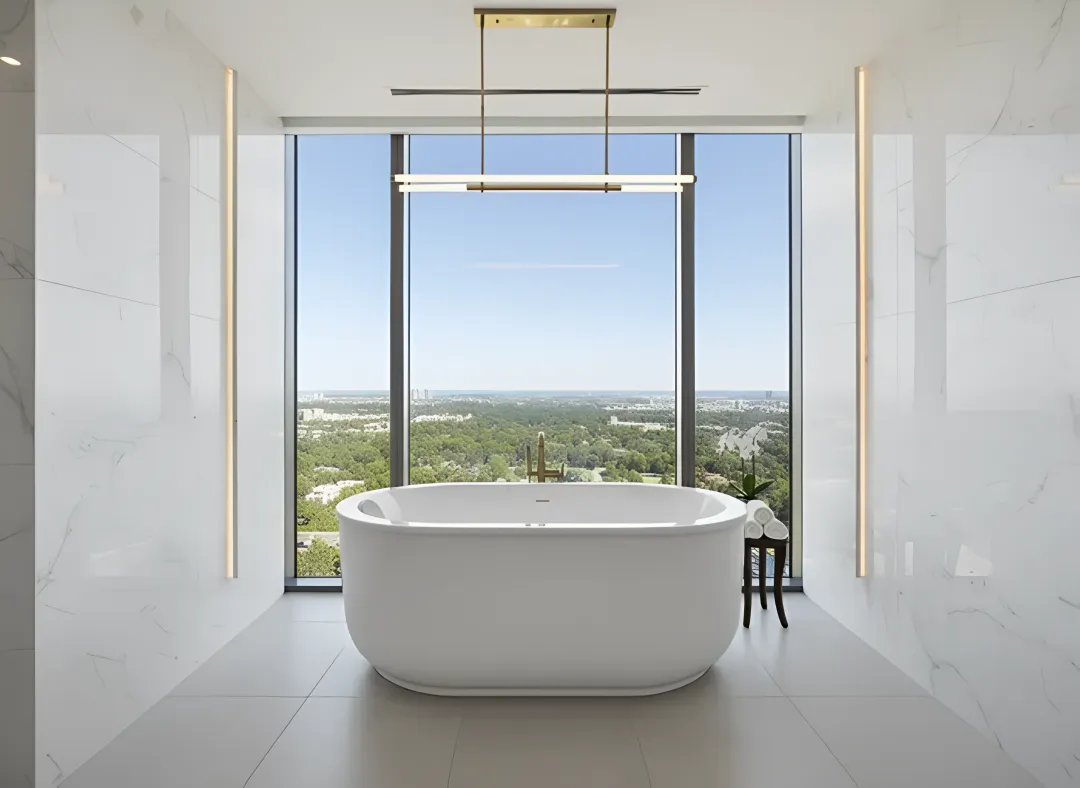 Freestanding oval tub in a newly remodeled bathroom