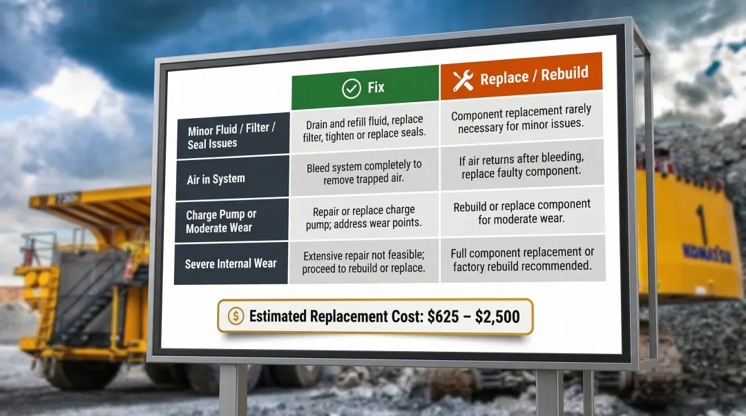 Hydrostatic transmission repair versus rebuild decision comparison chart by failure type
