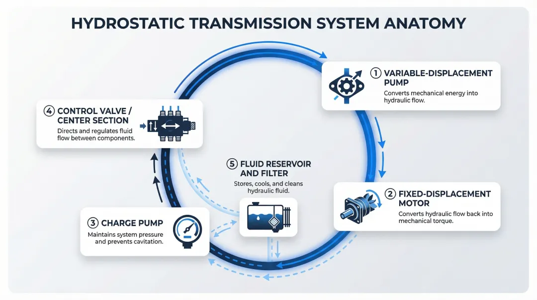Hydrostatic transmission five core components diagram with fluid flow path