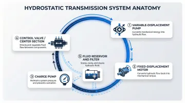 Hydrostatic transmission five core components diagram with fluid flow path