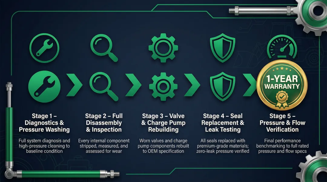 5-step hydraulic pump rebuild process from diagnostics to pressure testing and warranty
