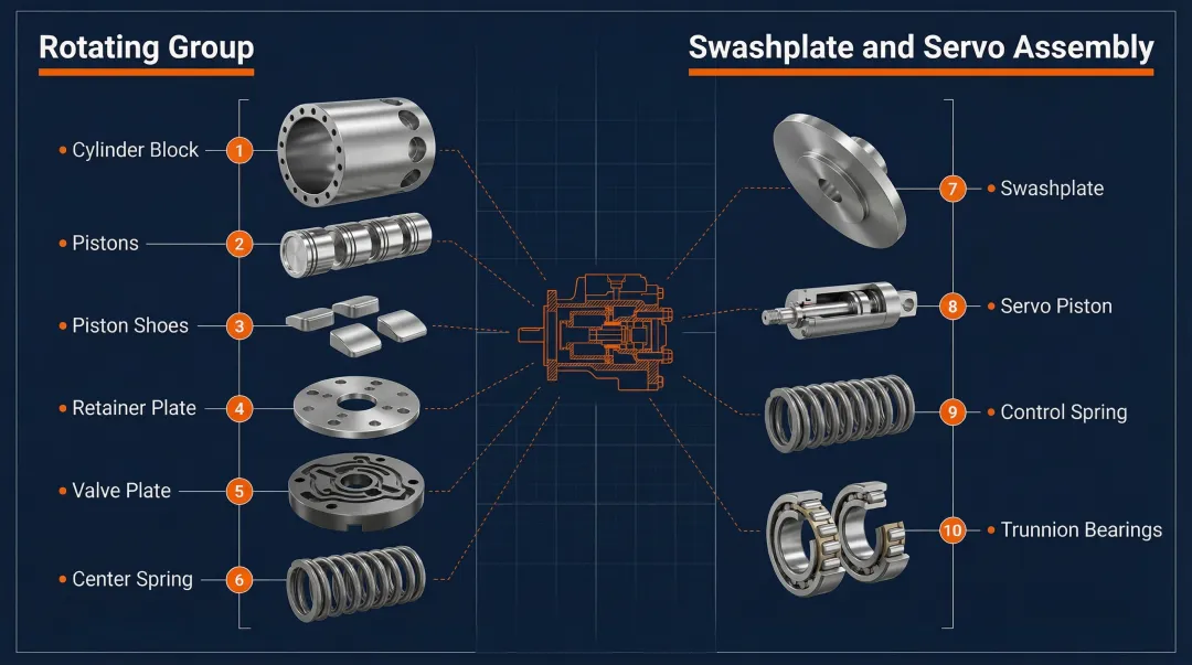 Kawasaki K3VL rotating group and swashplate assembly components exploded diagram
