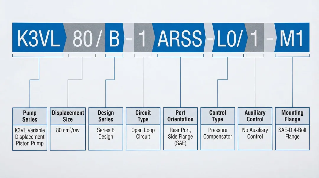 Kawasaki K3VL model number decoding breakdown chart with all segment meanings