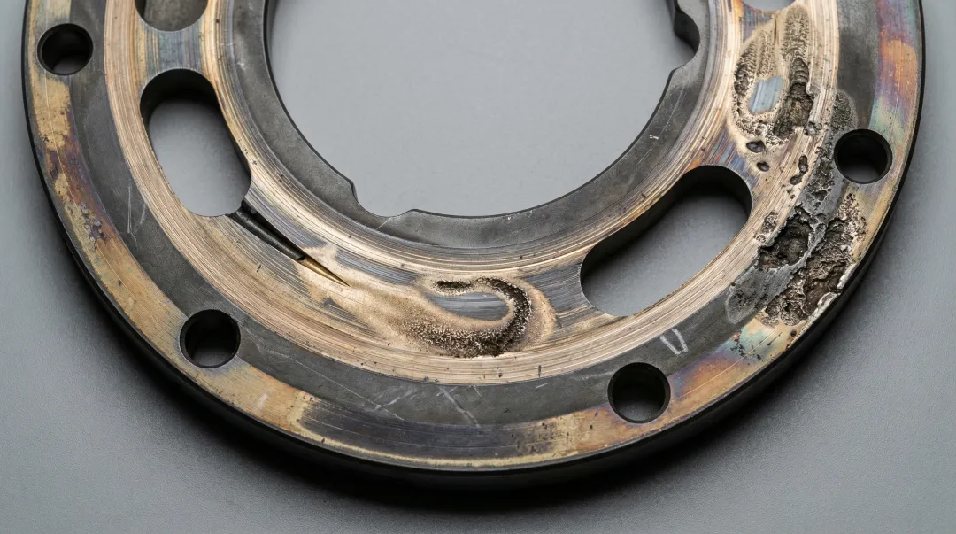 Hydraulic pump valve plate showing scoring damage from fluid contamination and wear