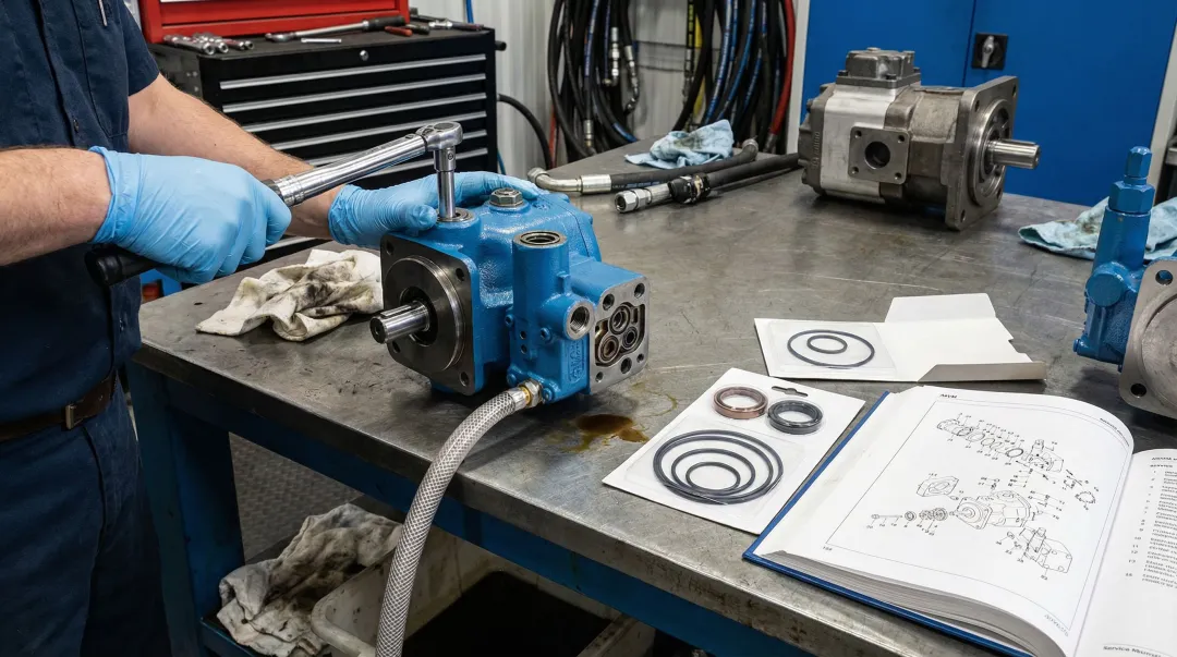Rexroth A6VM hydraulic motor unit during professional inspection and maintenance service