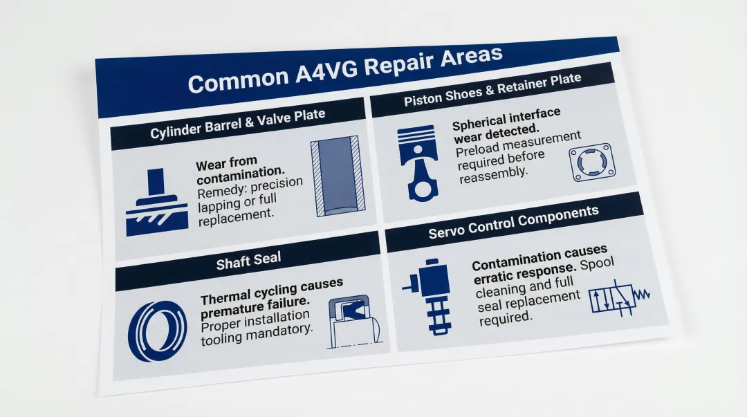 Four common Rexroth A4VG pump repair areas components and service actions