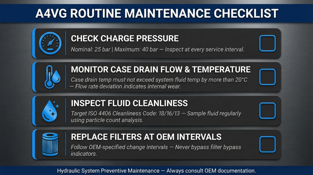 Four-step A4VG routine preventive maintenance checklist with key parameters