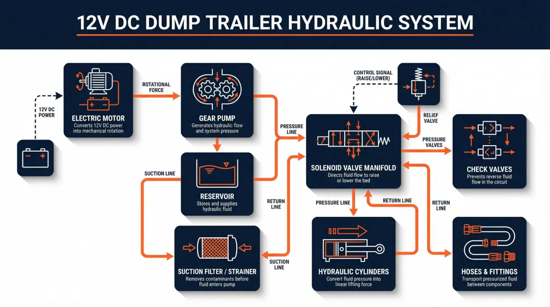 Dump trailer 12V hydraulic system components diagram with nine labeled parts