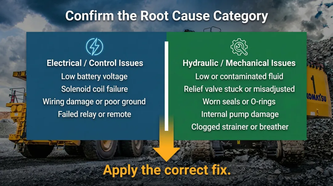 Electrical versus hydraulic dump trailer pump fault categorization diagnostic decision chart