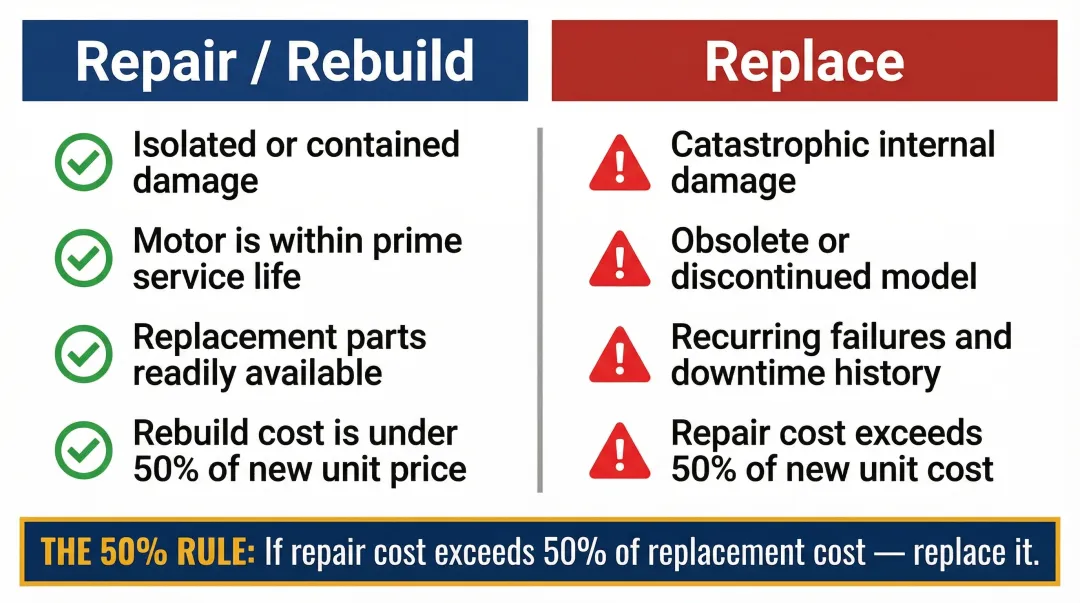 Hydraulic motor repair versus replace decision factors comparison chart