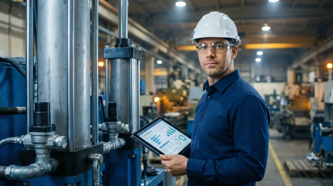 Industrial facility manager reviewing hydraulic equipment downtime cost analysis report