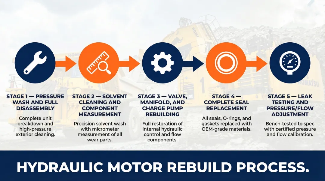 5-step hydraulic motor professional rebuild process flow infographic
