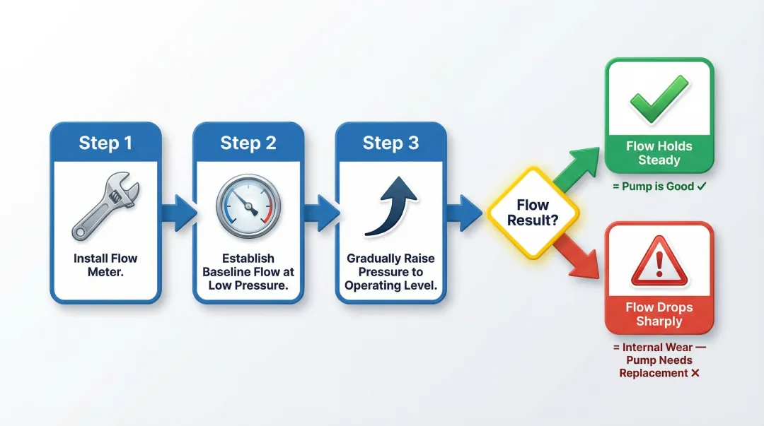 Flow meter test decision flowchart showing pump pass or fail diagnosis steps