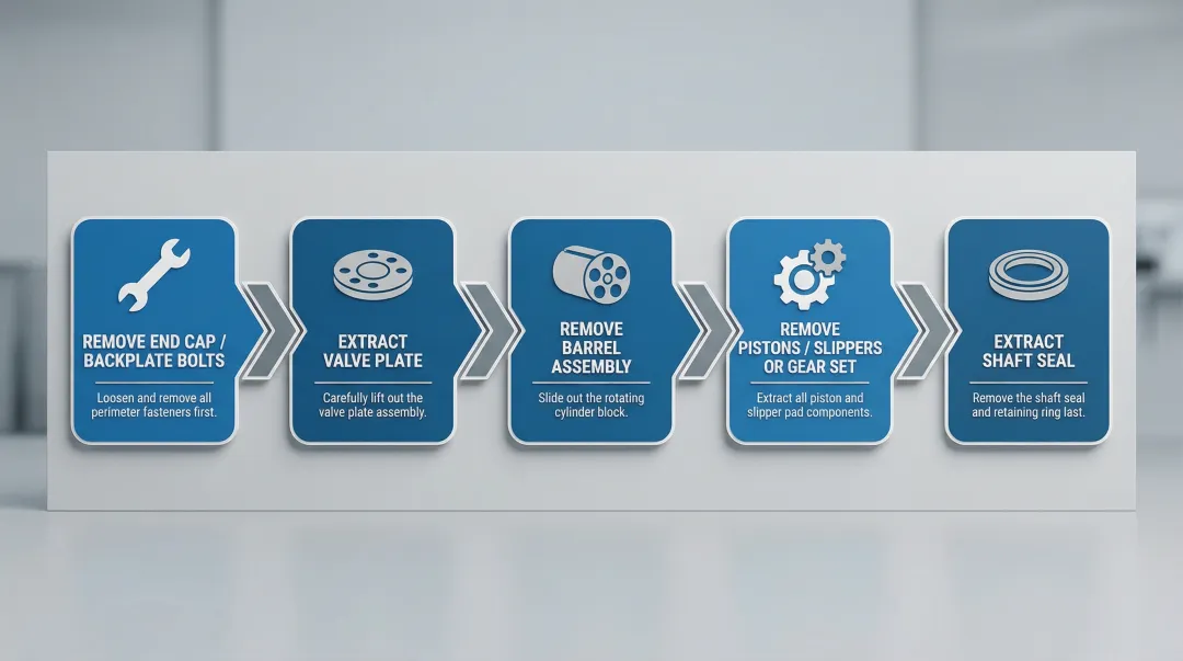5-step John Deere hydraulic pump disassembly sequence process flow diagram