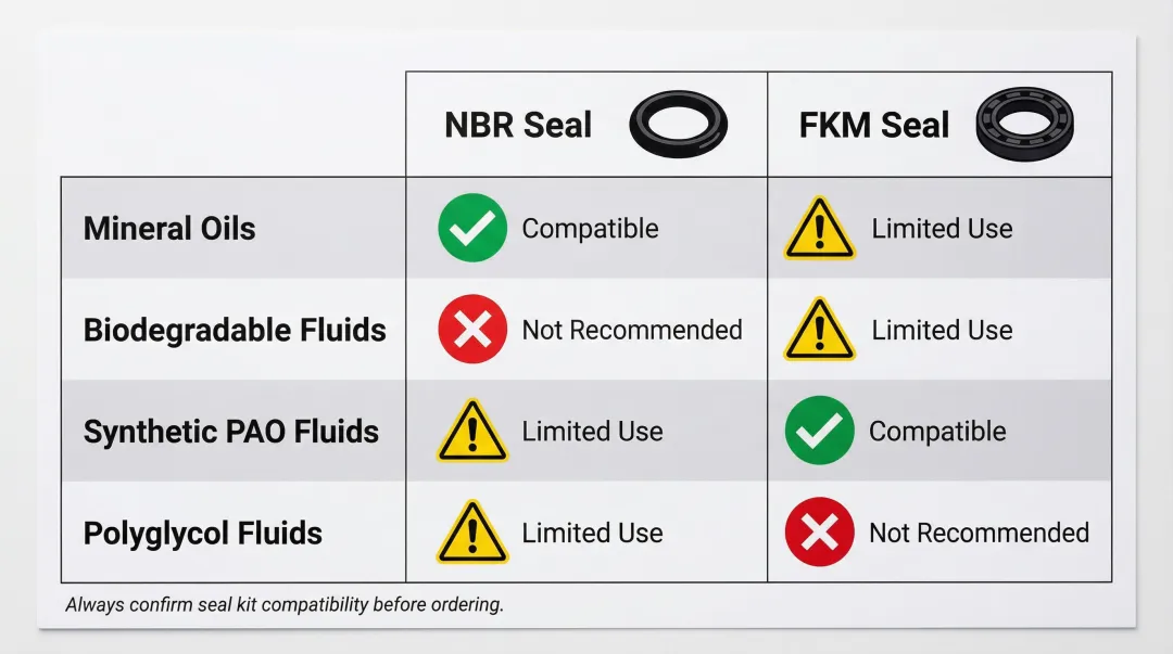 Hydraulic seal material compatibility chart NBR versus FKM fluid type comparison