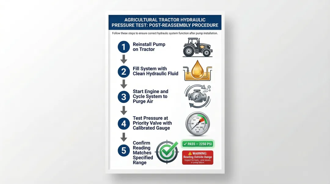 5-step hydraulic pump post-reassembly pressure test procedure flow infographic