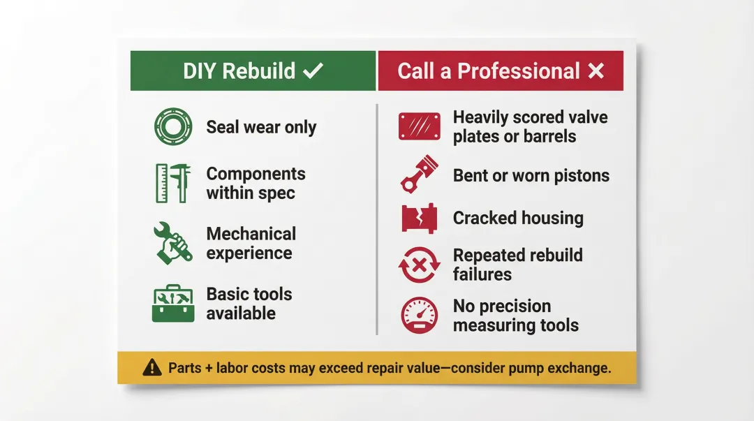 DIY hydraulic pump rebuild versus professional rebuild service decision comparison chart