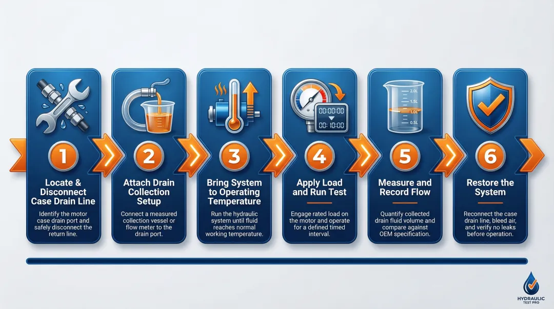 6-step hydraulic motor case drain test procedure flow infographic