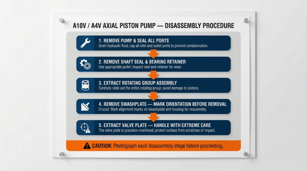 Five-step Rexroth axial piston pump disassembly sequence process flow diagram