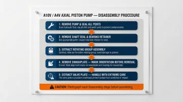 Five-step Rexroth axial piston pump disassembly sequence process flow diagram