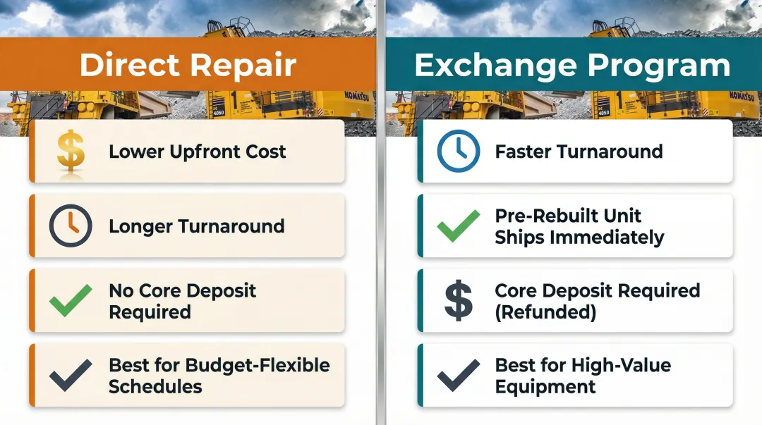 Direct repair versus exchange program comparison for reconditioned hydraulic motors