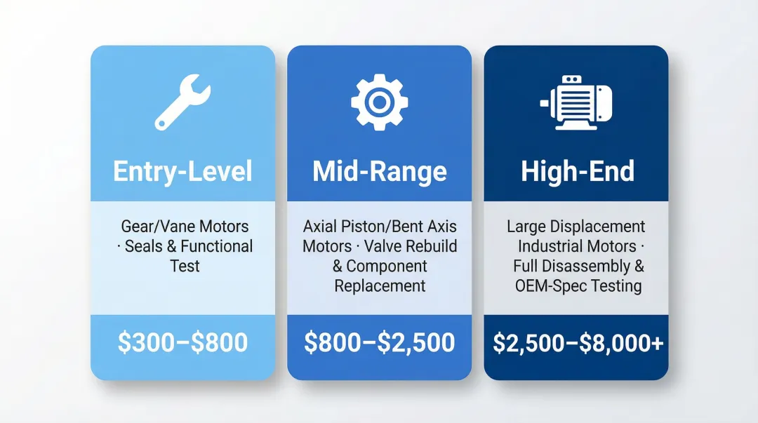 Three-tier reconditioned hydraulic motor pricing comparison infographic by rebuild scope