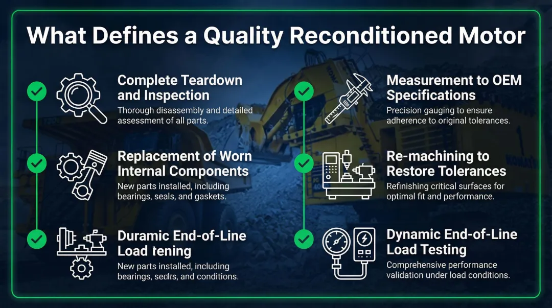 Five quality standards defining a properly reconditioned hydraulic motor rebuild process