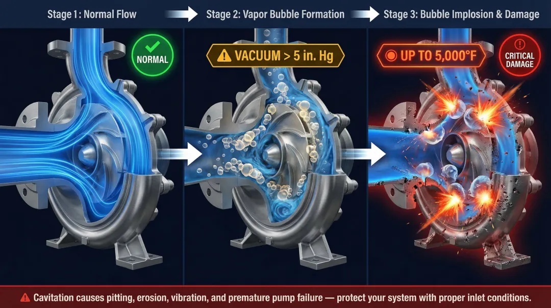 Hydraulic pump cavitation process showing vapor bubble formation and implosion damage