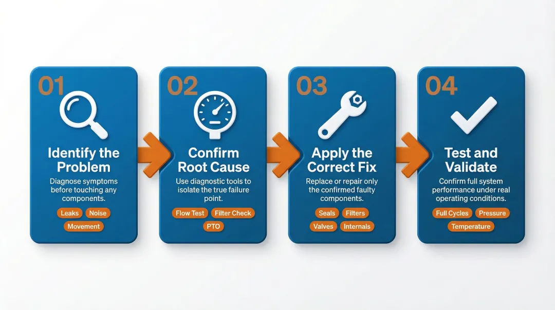 4-step dump truck hydraulic pump diagnosis and repair process flow infographic