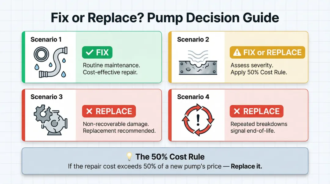 Dump truck hydraulic pump fix versus replace decision framework four scenarios comparison